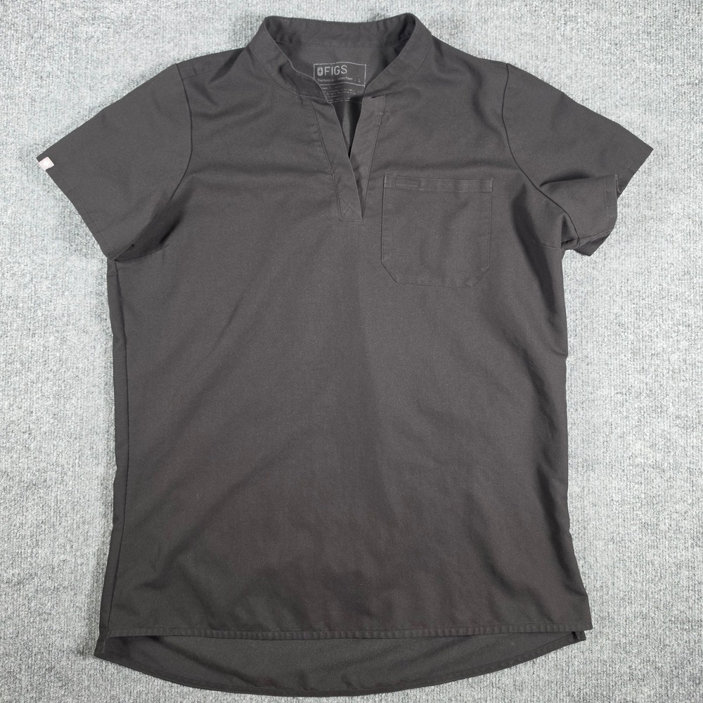 FIGS Technical Collection Scrub Top Black Split Neck Short Sleeve Large